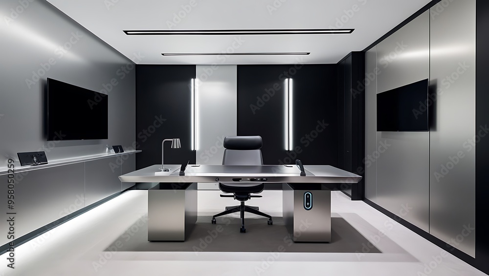 Empty modern bright open space business office with furniture, computers, glass walls