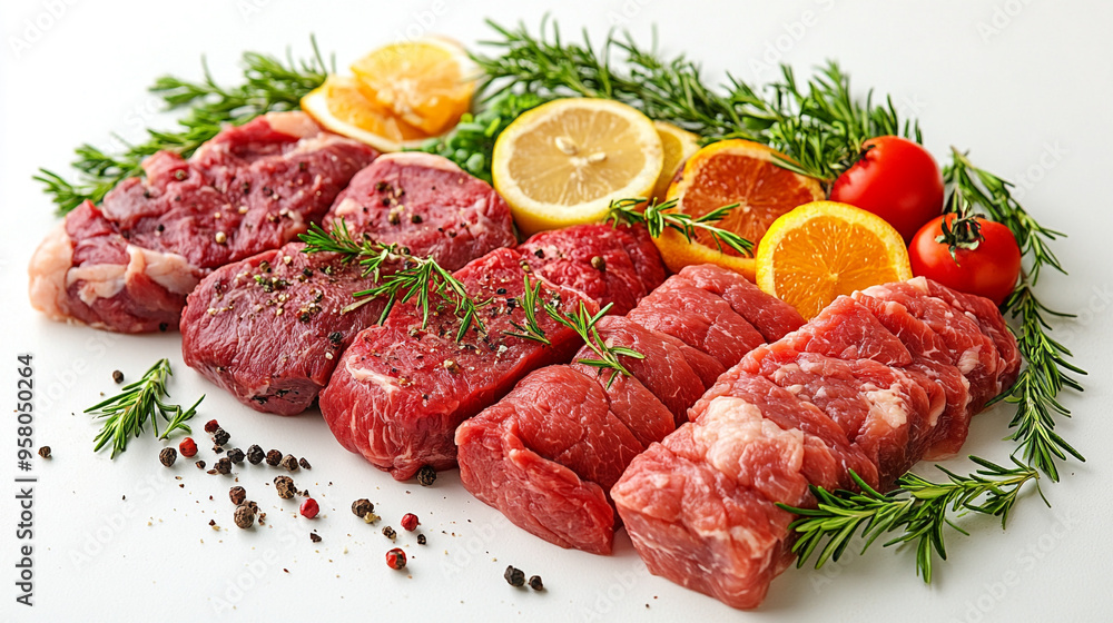 Fresh cuts of meat garnished with herbs and citrus, perfect for culinary presentations and delicious recipes. Fresh cuts of meat garnished with herbs and citrus, perfect for culinary presentations and delicious recipes.