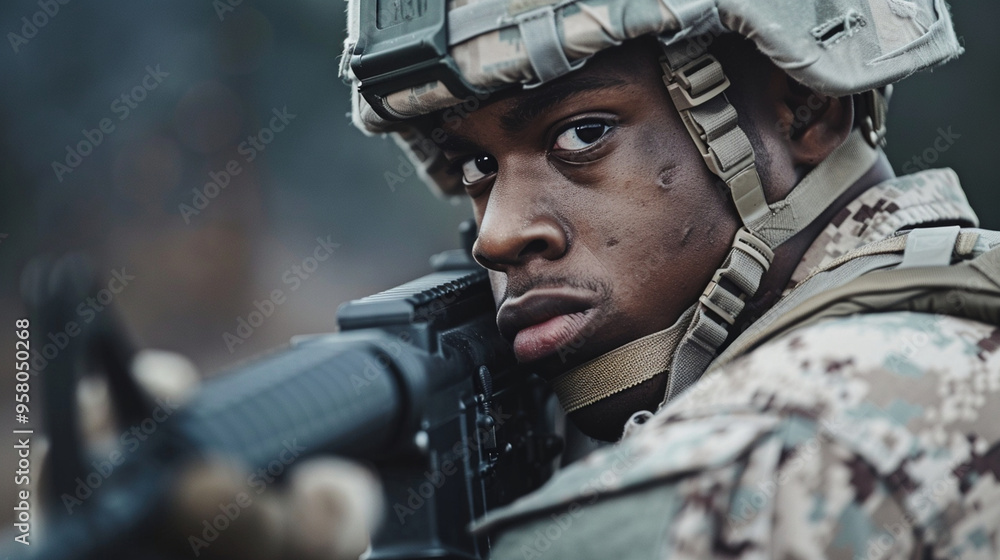 Medium close-up of a soldier standing guard, hand on their weapon, with a vigilant expression. Medium close-up of a soldier standing guard, hand on their weapon, with a vigilant expression.