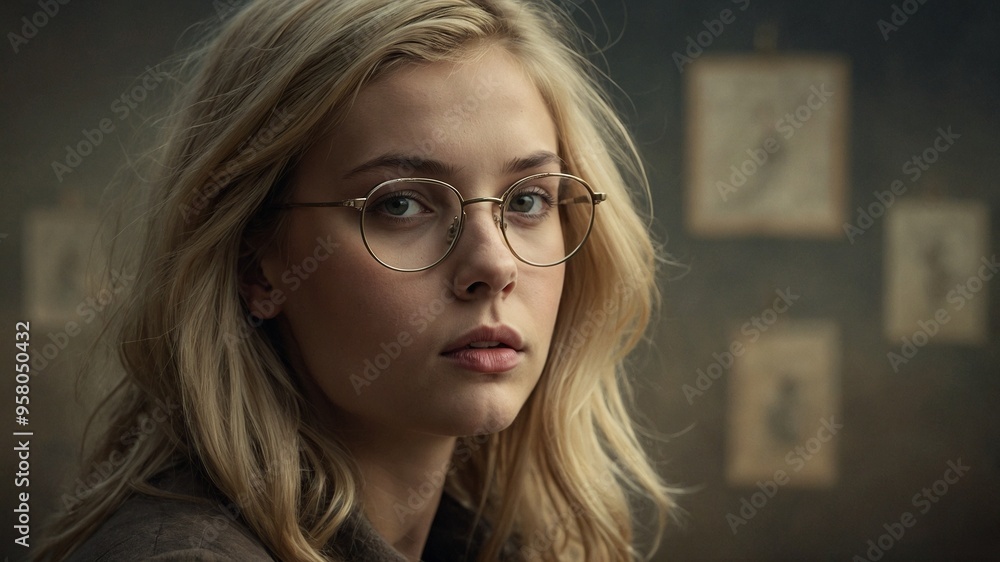 Young Caucasian woman with long blonde hair and glasses, looking thoughtful Young Caucasian woman with long blonde hair and glasses, looking thoughtful