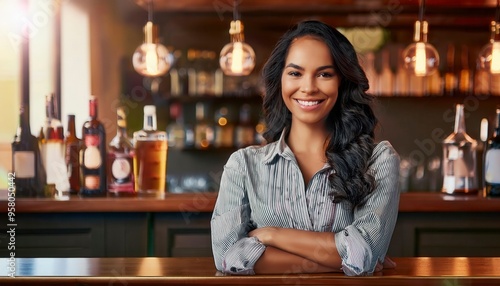 Young woman standing behind bar counter restaurant. Generated image