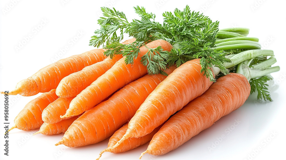 Fresh, vibrant carrots with green tops, perfect for healthy meals, salads, and snacking. A nutritious addition to any dish.