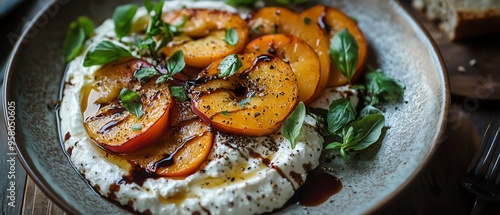 Fresh whipped ricotta with roasted peaches, pitta, and a balsamic glaze  upscale food photography photo