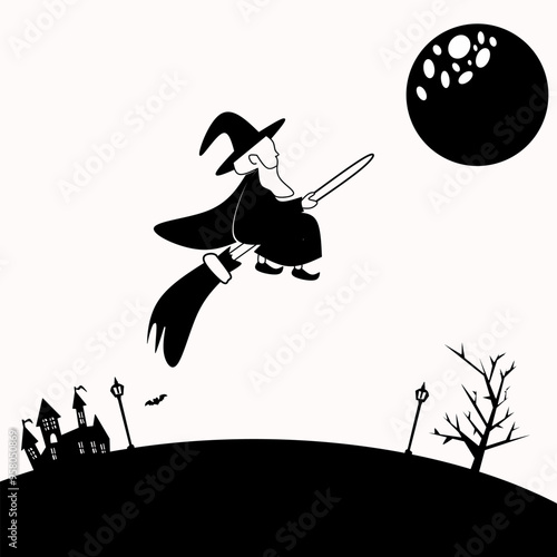 Hand drawn Halloween flying witch black and white vector design silhouette