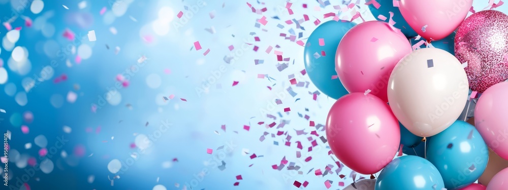 A blue backdrop filled with pink, white, and blue confetti and balloons A blue backdrop filled with pink, white, and blue confetti and balloons