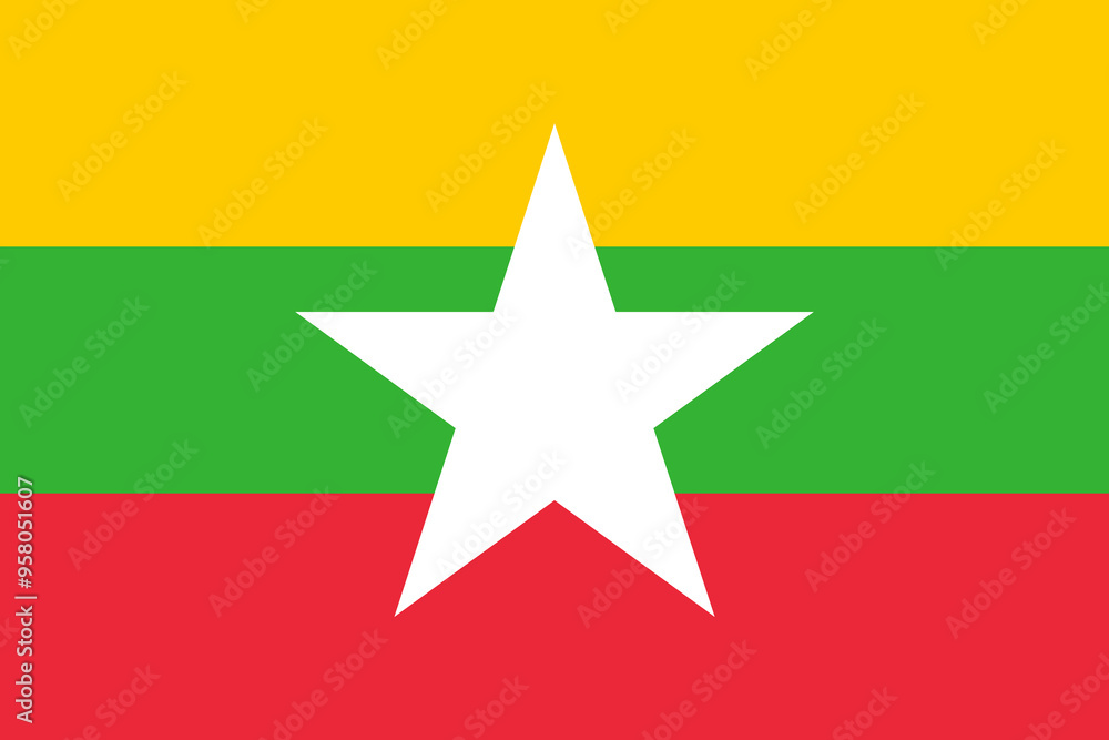 The official national flag of Myanmar. State Flag of the Republic of the Union of Myanmar. Correct proportions and colors. Vector illustration The official national flag of Myanmar. State Flag of the Republic of the Union of Myanmar. Correct proportions and colors. Vector illustration