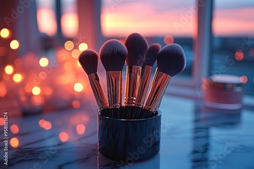 Makeup brushes in a holder, with a sunset backdrop. A beautiful and trendy image for beauty and fashion bloggers. photo