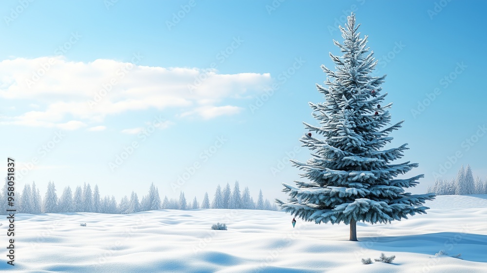 Snowy pine trees line a frozen road leading to a snow-covered mountain landscape under a clear blue sky Snowy pine trees line a frozen road leading to a snow-covered mountain landscape under a clear blue sky