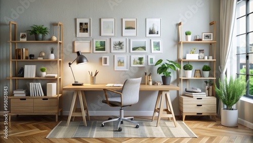 Wallpaper Mural A stylish and functional workspace featuring a sleek desk, an ergonomic chair, and a vibrant mood board, perfect Torontodigital.ca