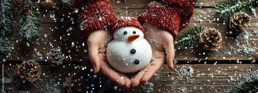 Fototapeta premium Female hands in a sweater holding a Christmas snowman on a wooden background with Christmas decorations viewed from above. Christmas and New Year concept.