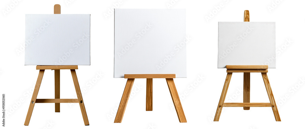Three wooden easels with white boards on them on a transparent background. Three wooden easels with white boards on them on a transparent background.