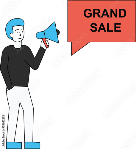 The boy is announcing a grand sale with a megaphone.