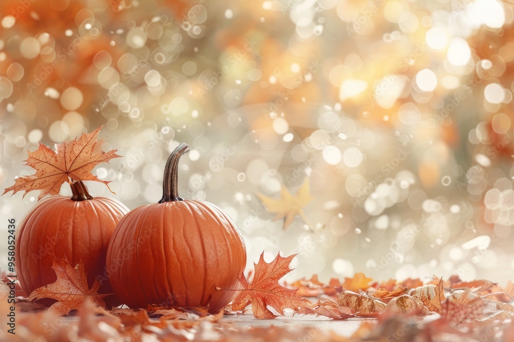 Thanksgiving Pumpkins with Maple Leaves and Bokeh Background Thanksgiving Pumpkins with Maple Leaves and Bokeh Background