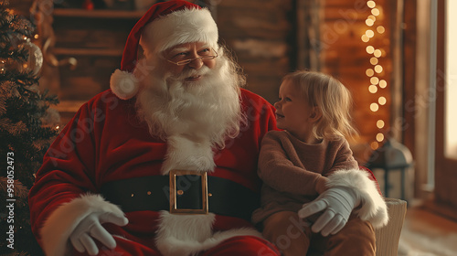 santa claus in front of christmas tree, Santa Claus, dressed in his traditional red suit with white fur trim, interacting with a child. The child might be sitting on Santa's lap, talking to him, or re photo