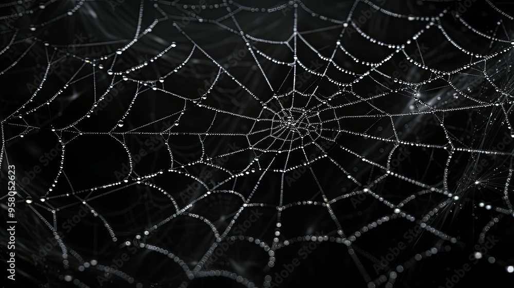 Dew-Covered Spiderweb with a Black Background Dew-Covered Spiderweb with a Black Background
