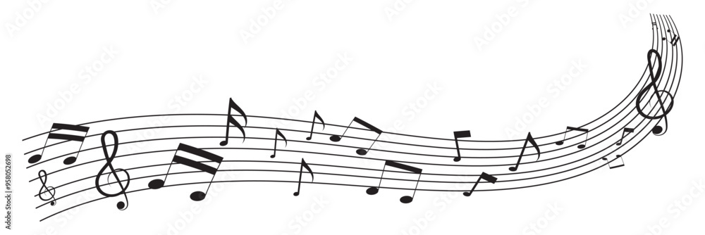 Musical note wave. Music notes melody isolated on white background. Sheet music notes of tune bass and treble. Musical key trendy style symbol design element logo. Vector illustration. EPS 10 Musical note wave. Music notes melody isolated on white background. Sheet music notes of tune bass and treble. Musical key trendy style symbol design element logo. Vector illustration. EPS 10