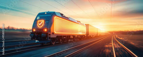 A freight train moving across a landscape with a digital shield overlay, representing secure rail logistics