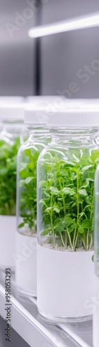 Fresh herb seedlings in transparent jars, showcasing modern indoor gardening and sustainable growth techniques.