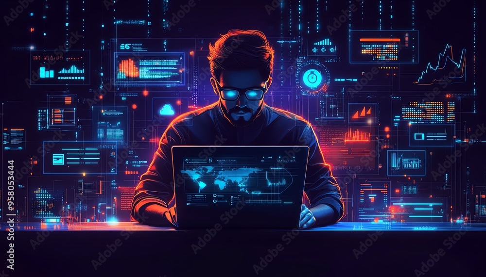 Obraz premium Illustration of technical support customer service, featuring a software engineer with a laptop, global network, and digital system service elements
