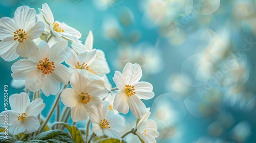 Delicate White Flowers with Yellow Centers Against a Blurred Turquoise Background