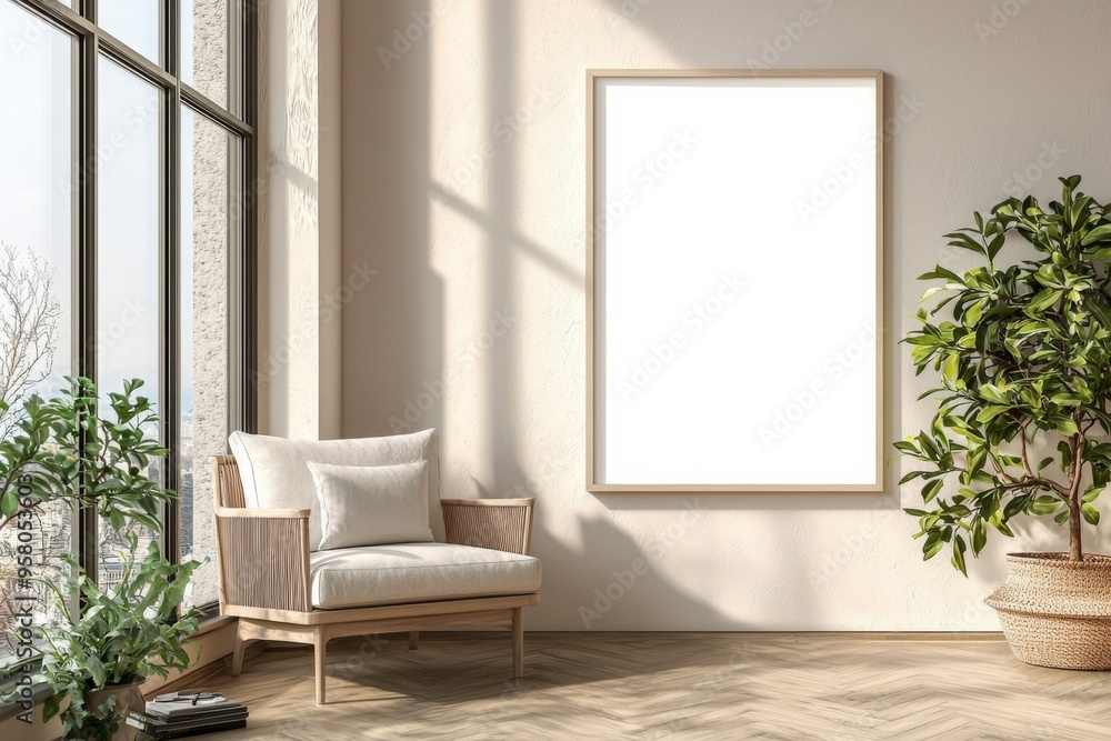 Poster Frame in Beige minimalist living room interior created with generative AI Poster Frame in Beige minimalist living room interior created with generative AI
