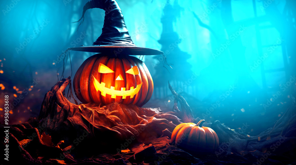Naklejka premium Background for Halloween party, full moon in autumn forest,
