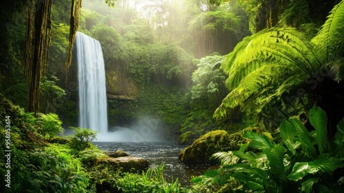 Tranquil Waterfall in Lush Rainforest