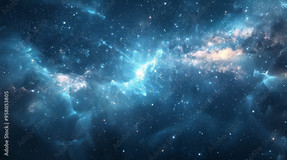 Fototapeta premium A Blue Nebula with Bright Stars and Clouds of Gas