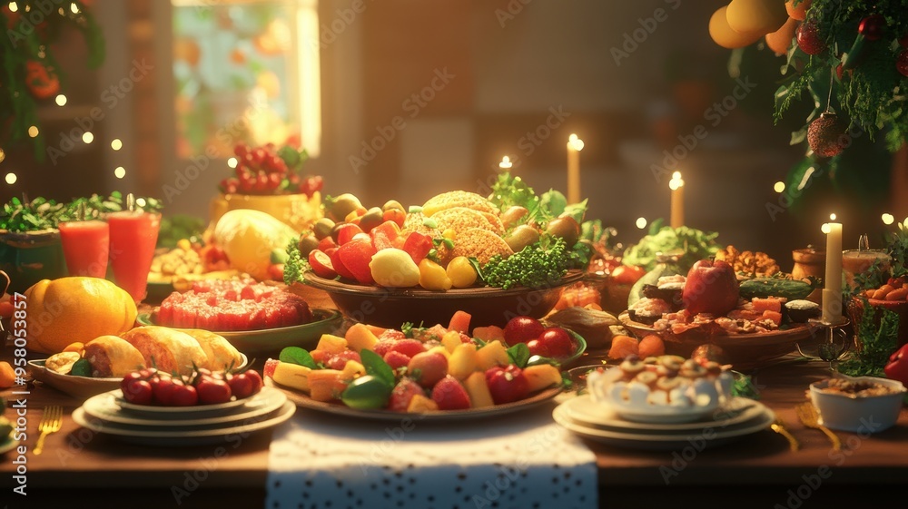 A vibrant banquet featuring a variety of fresh fruits, pastries, and elegant dishes, creating a festive and inviting atmosphere. A vibrant banquet featuring a variety of fresh fruits, pastries, and elegant dishes, creating a festive and inviting atmosphere.