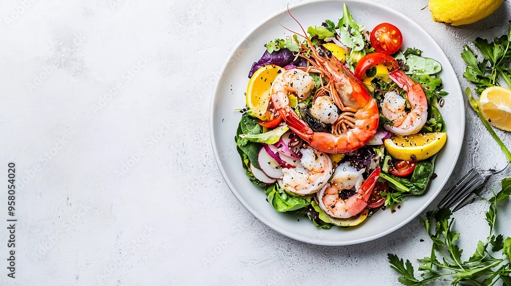 Plate of delicious vegetable salad with seafood on white background Plate of delicious vegetable salad with seafood on white background