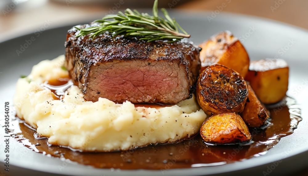 Juicy, seasoned meat accompanied by creamy mashed potatoes and crispy roasted vegetables, elegantly served on a plate Juicy, seasoned meat accompanied by creamy mashed potatoes and crispy roasted vegetables, elegantly served on a plate