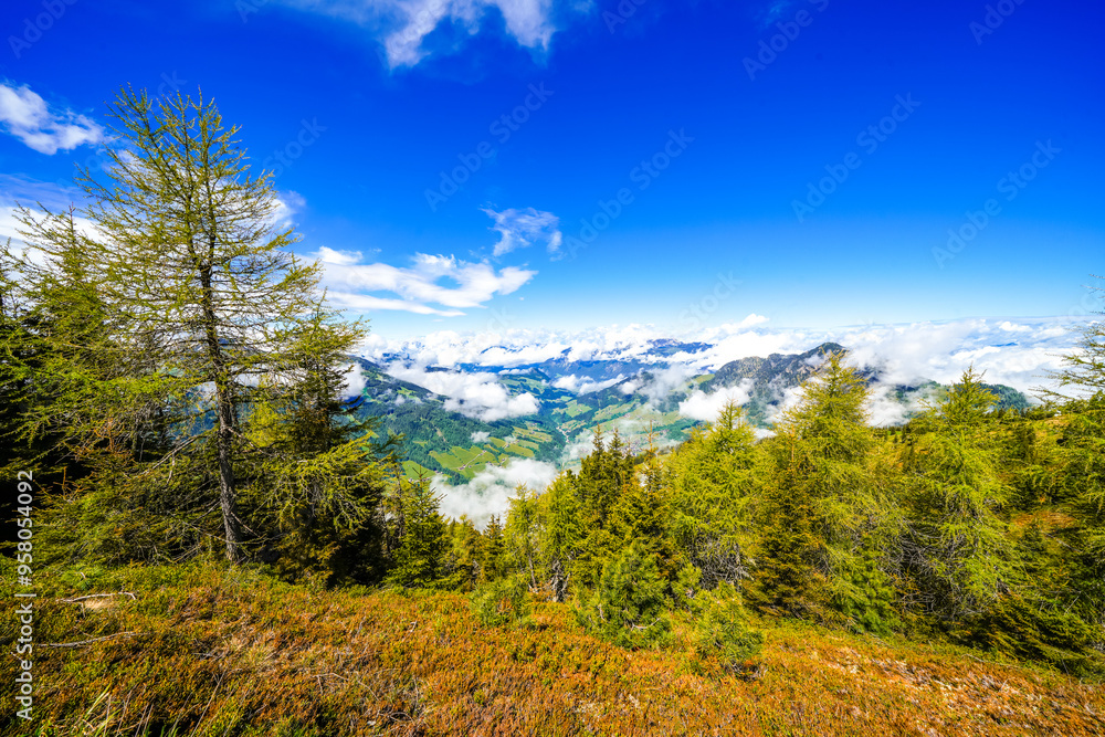 View from Schatzberg of the surrounding landscape. Idyllic nature in Wildschönau in the Kufstein district in Austria. Mountain landscape in the Kitzbühel Alps in Tyrol.
View from Schatzberg of the surrounding landscape. Idyllic nature in Wildschönau in the Kufstein district in Austria. Mountain landscape in the Kitzbühel Alps in Tyrol.