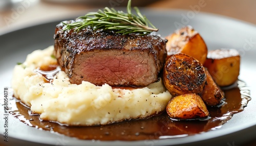 Juicy, seasoned meat accompanied by creamy mashed potatoes and crispy roasted vegetables, elegantly served on a plate