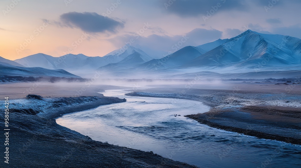 Winter landscape in Qinghai Qilian Mountains, with mist over rivers and the soft glow of dawn, creating a serene, mysterious atmosphere Winter landscape in Qinghai Qilian Mountains, with mist over rivers and the soft glow of dawn, creating a serene, mysterious atmosphere