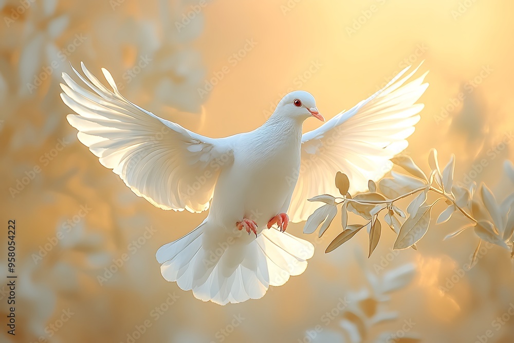 A white dove in flight with a broken olive branch, symbolizing the fragile balance of peace and war. A white dove in flight with a broken olive branch, symbolizing the fragile balance of peace and war.