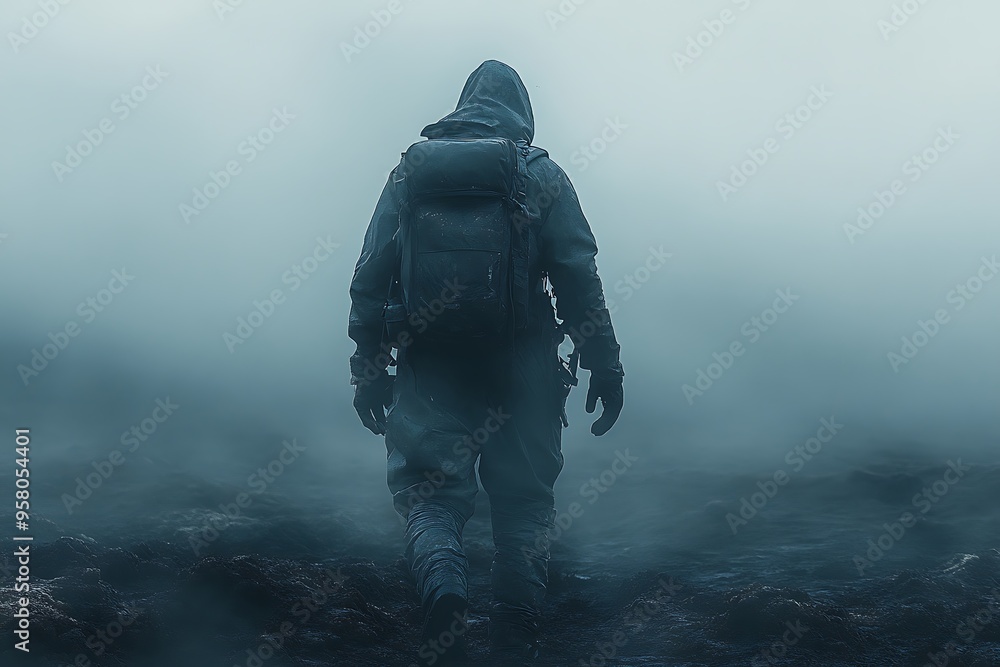 A lone figure in a hazmat suit traverses a desolate, fog-choked landscape. A lone figure in a hazmat suit traverses a desolate, fog-choked landscape.