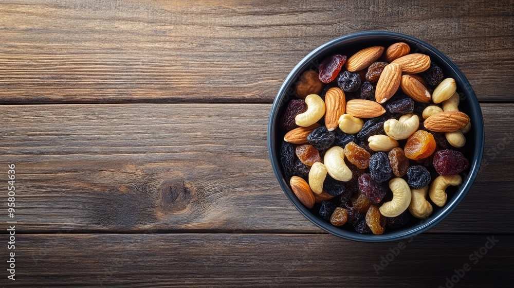 A bowl of mixed nuts and dried fruits, placed on a wooden table, ideal for illustrating healthy snacking habits. Plenty of space for copy or text. A bowl of mixed nuts and dried fruits, placed on a wooden table, ideal for illustrating healthy snacking habits. Plenty of space for copy or text.