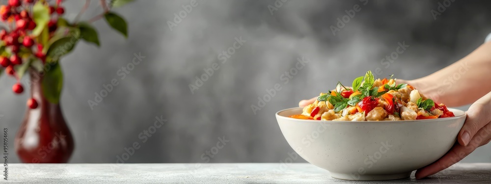 A tight shot of a table-placed bowl brimming with food, accompanied by a vase of flowers in foreground, and another vase in background A tight shot of a table-placed bowl brimming with food, accompanied by a vase of flowers in foreground, and another vase in background