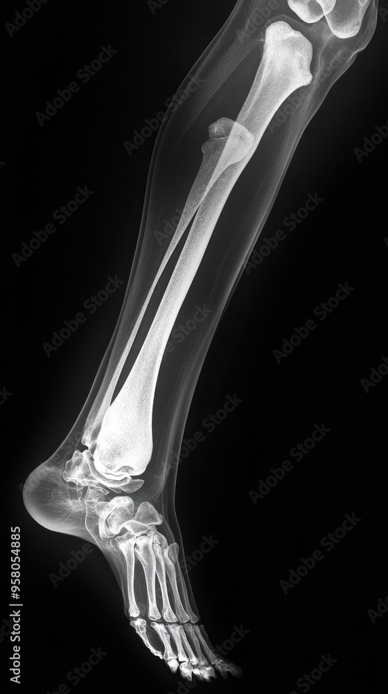 X-ray image of a human lower leg and foot, showing the tibia and fibula bones. X-ray image of a human lower leg and foot, showing the tibia and fibula bones.