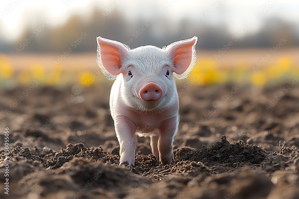 A curious piglet explores the barnyard dirt in natural light. A curious piglet explores the barnyard dirt in natural light.