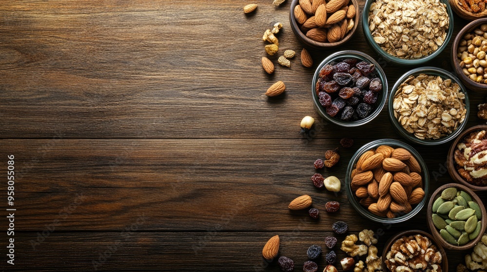 A flat lay of various nuts, seeds, and dried fruits on a wooden table, perfect for illustrating the concept of healthy snacking. Plenty of space for copy or text. A flat lay of various nuts, seeds, and dried fruits on a wooden table, perfect for illustrating the concept of healthy snacking. Plenty of space for copy or text.