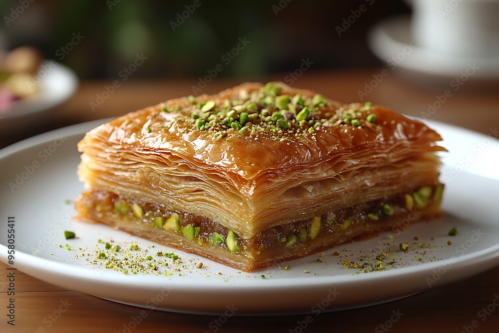 A single square of baklava with pistachio filling on a white plate. A single square of baklava with pistachio filling on a white plate.