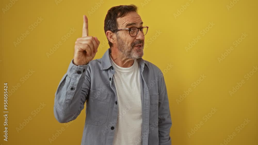 Hispanic middle-aged man wearing glasses standing with idea, finger pointing up, happy and successful over isolated yellow background Hispanic middle-aged man wearing glasses standing with idea, finger pointing up, happy and successful over isolated yellow background