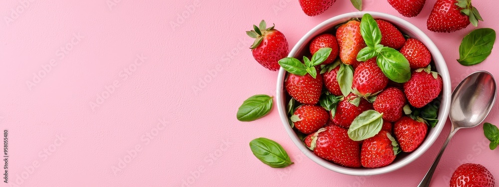 A pink background features a bowl of strawberries with a spoon and a spoon rest on its side A pink background features a bowl of strawberries with a spoon and a spoon rest on its side
