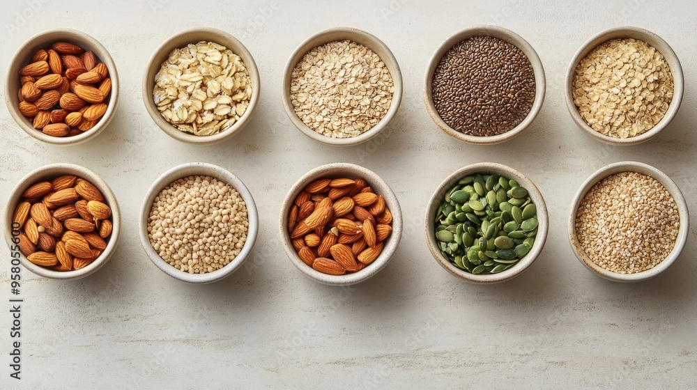 A variety of whole grains, nuts, and seeds displayed in small bowls, representing the foundation of a healthy and balanced diet. Plenty of space for copy. A variety of whole grains, nuts, and seeds displayed in small bowls, representing the foundation of a healthy and balanced diet. Plenty of space for copy.
