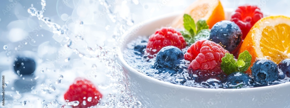 oranges, raspberries, and blueberries are submerged in water oranges, raspberries, and blueberries are submerged in water