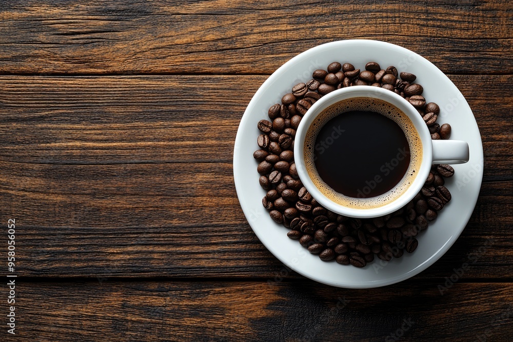 Coffee cup with beans on wood. Perfect for coffee-related projects, branding, or advertising. Coffee cup with beans on wood. Perfect for coffee-related projects, branding, or advertising.