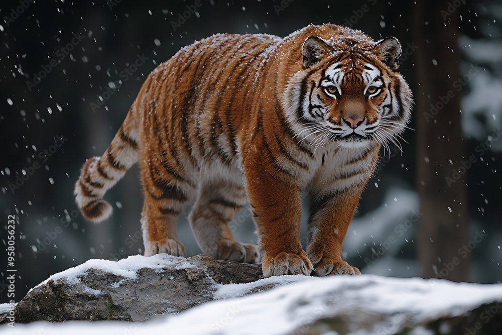 Obraz premium A Siberian tiger standing on a snowy ledge in a blizzard