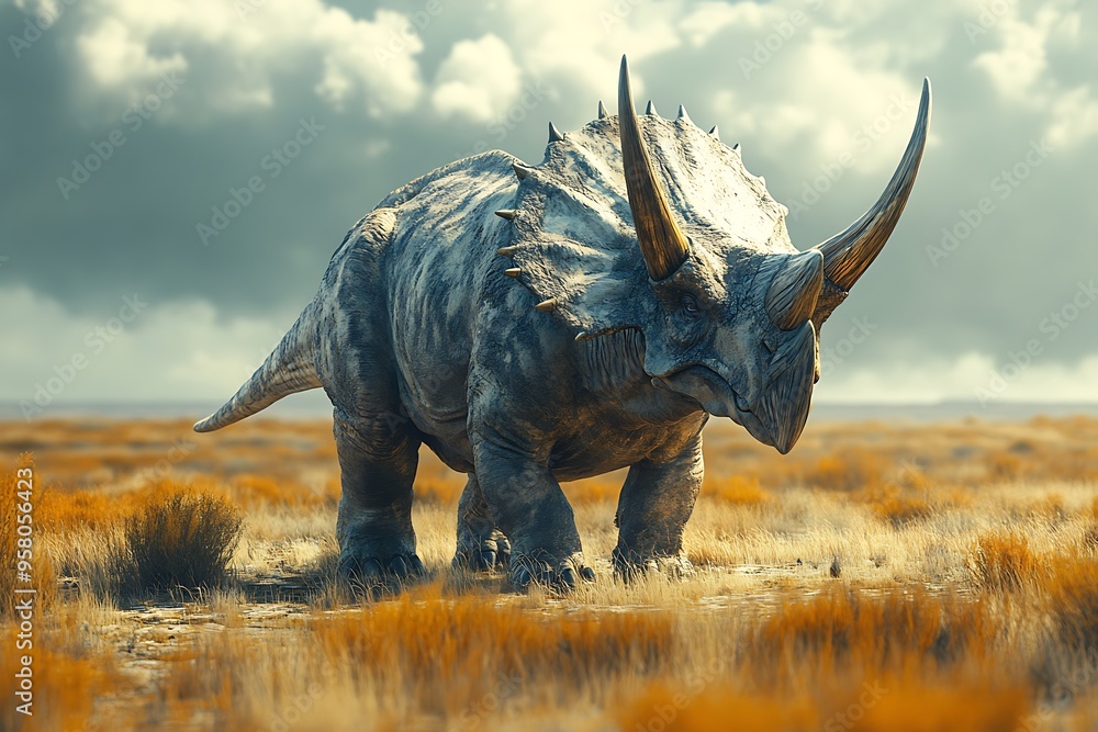 Fototapeta premium A lone Triceratops grazes on a vast plain under a cloudy sky.
