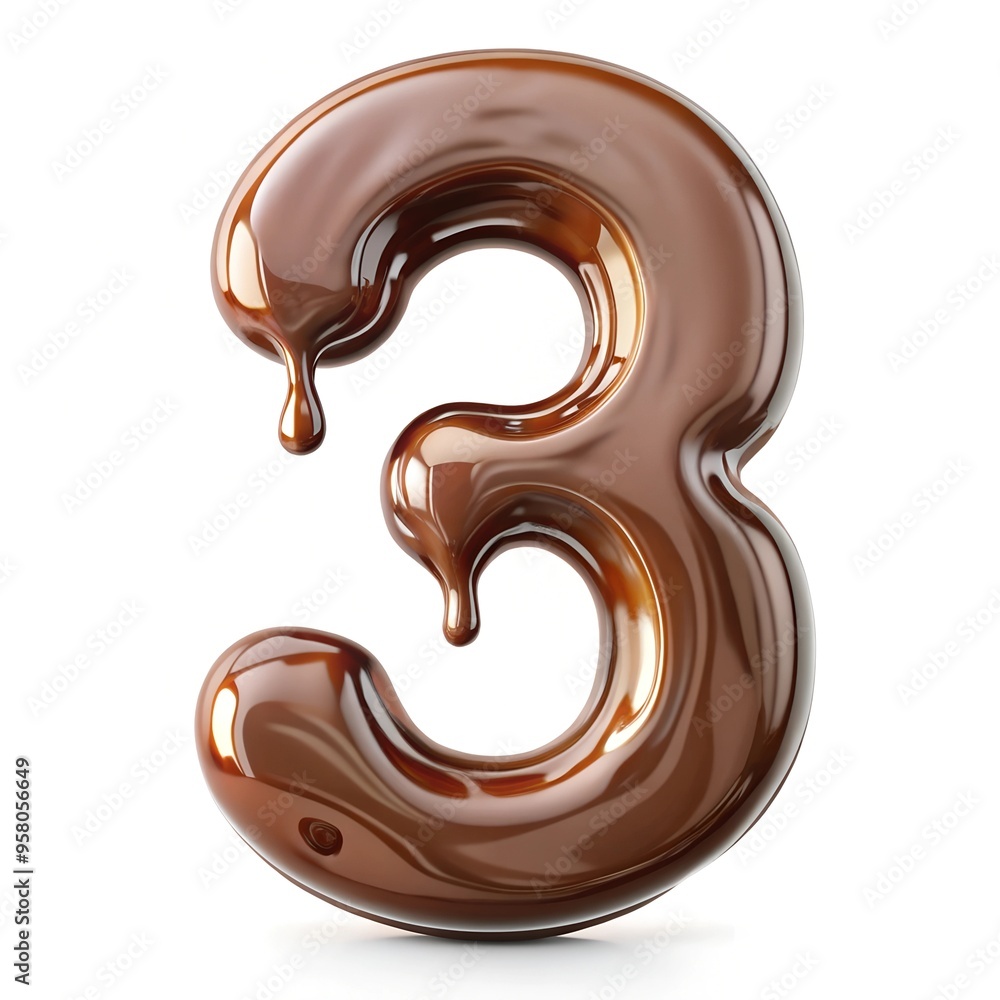 number 3 with melted chocolate effect on white background. number decoration style number 3 with melted chocolate effect on white background. number decoration style